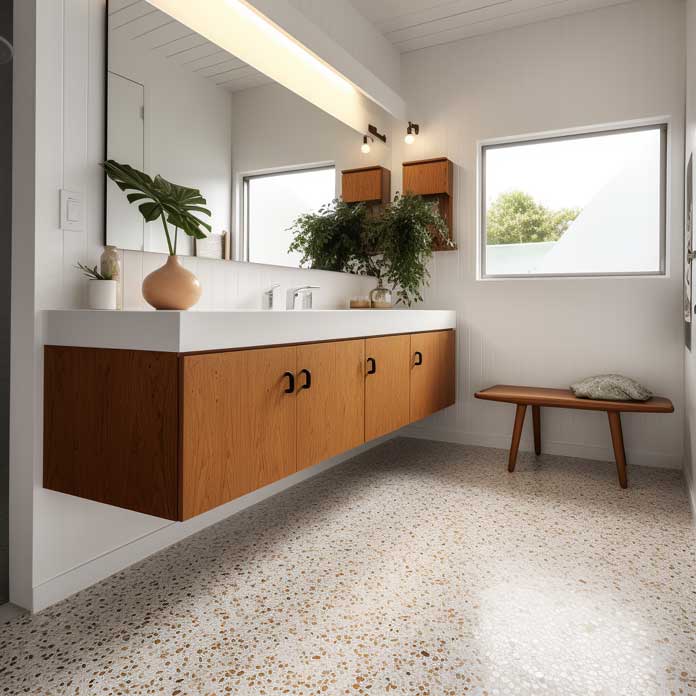 Sleek mid-century bathroom design with a floating vanity and terrazzo flooring