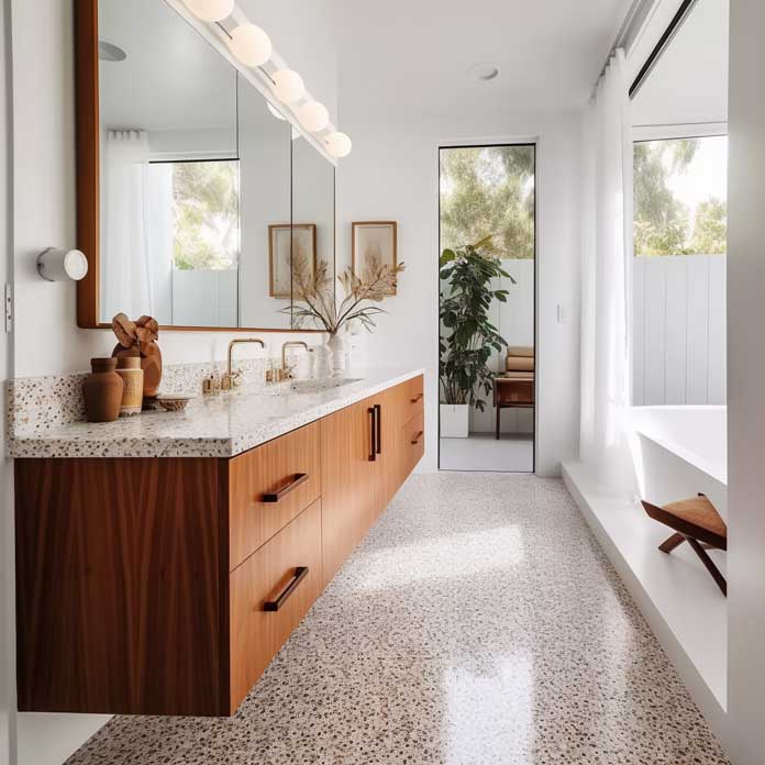 Sleek mid-century bathroom design with a floating vanity and terrazzo flooring