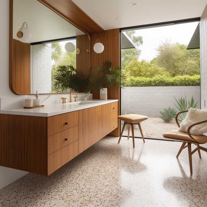 Sleek mid-century bathroom design with a floating vanity and terrazzo flooring
