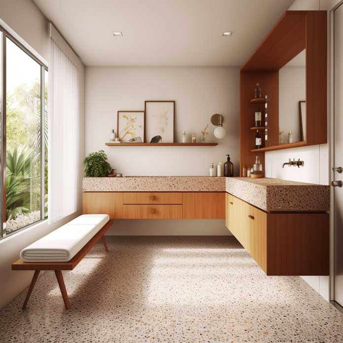 Sleek mid-century bathroom design with a floating vanity and terrazzo flooring