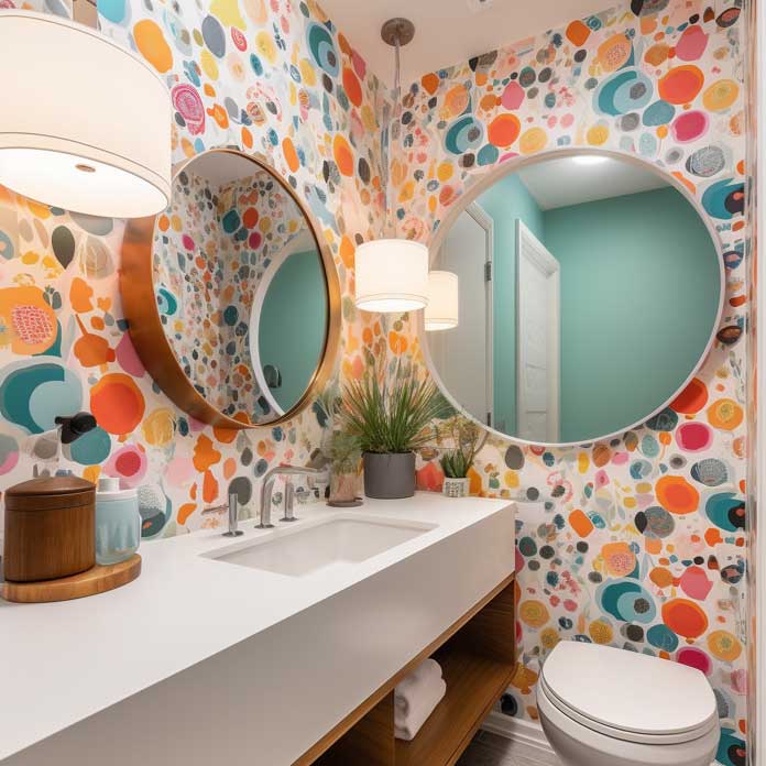 Bright mid-century bathroom design with colorful wallpaper and a round mirror