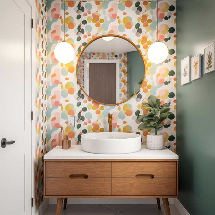 Bright mid-century bathroom design with colorful wallpaper and a round mirror