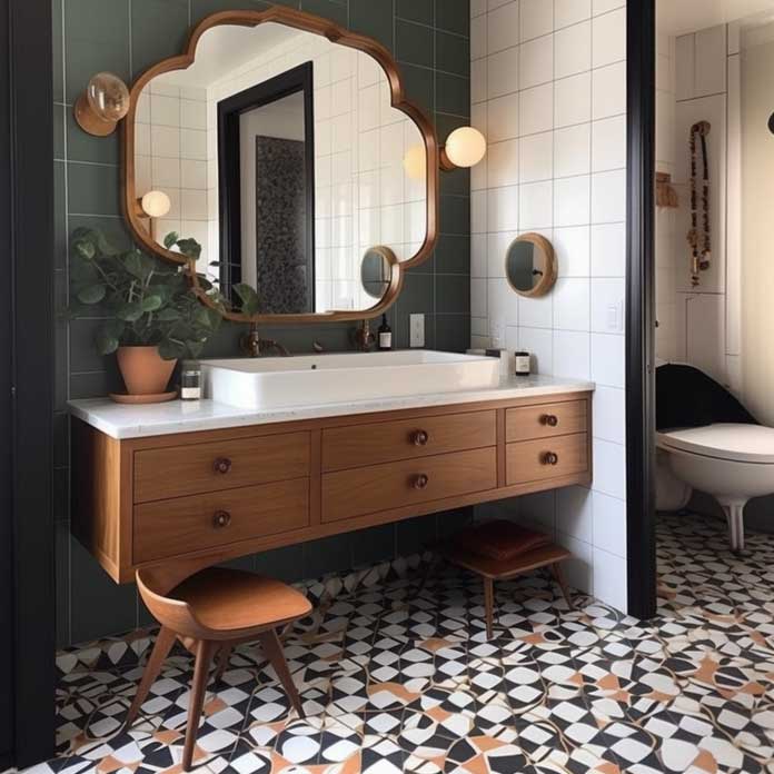 Chic mid-century bathroom design with geometric tiles and a vintage-inspired vanity