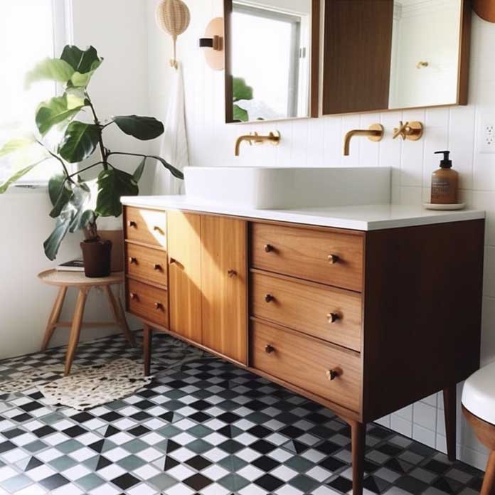 Chic mid-century bathroom design with geometric tiles and a vintage-inspired vanity