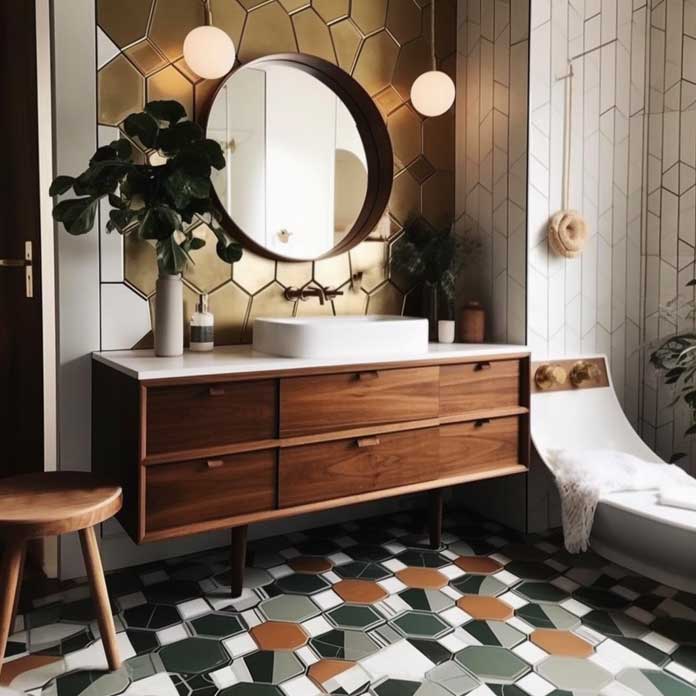 Chic mid-century bathroom design with geometric tiles and a vintage-inspired vanity