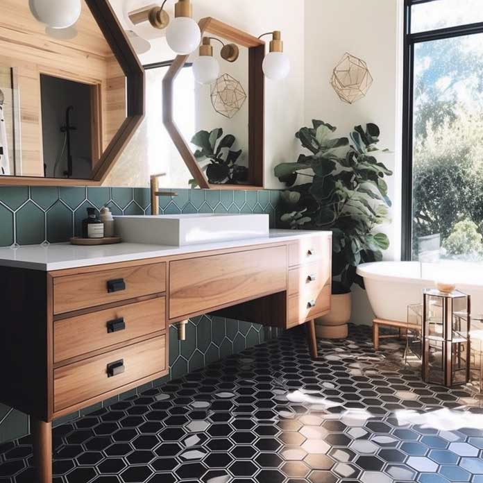 Chic mid-century bathroom design with geometric tiles and a vintage-inspired vanity