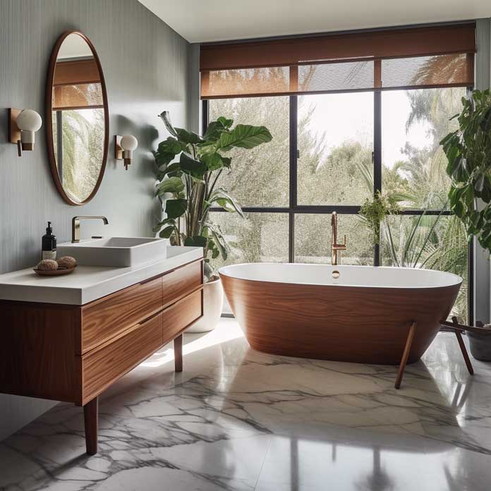 Elegant mid-century bathroom design with a freestanding bathtub and wooden accents