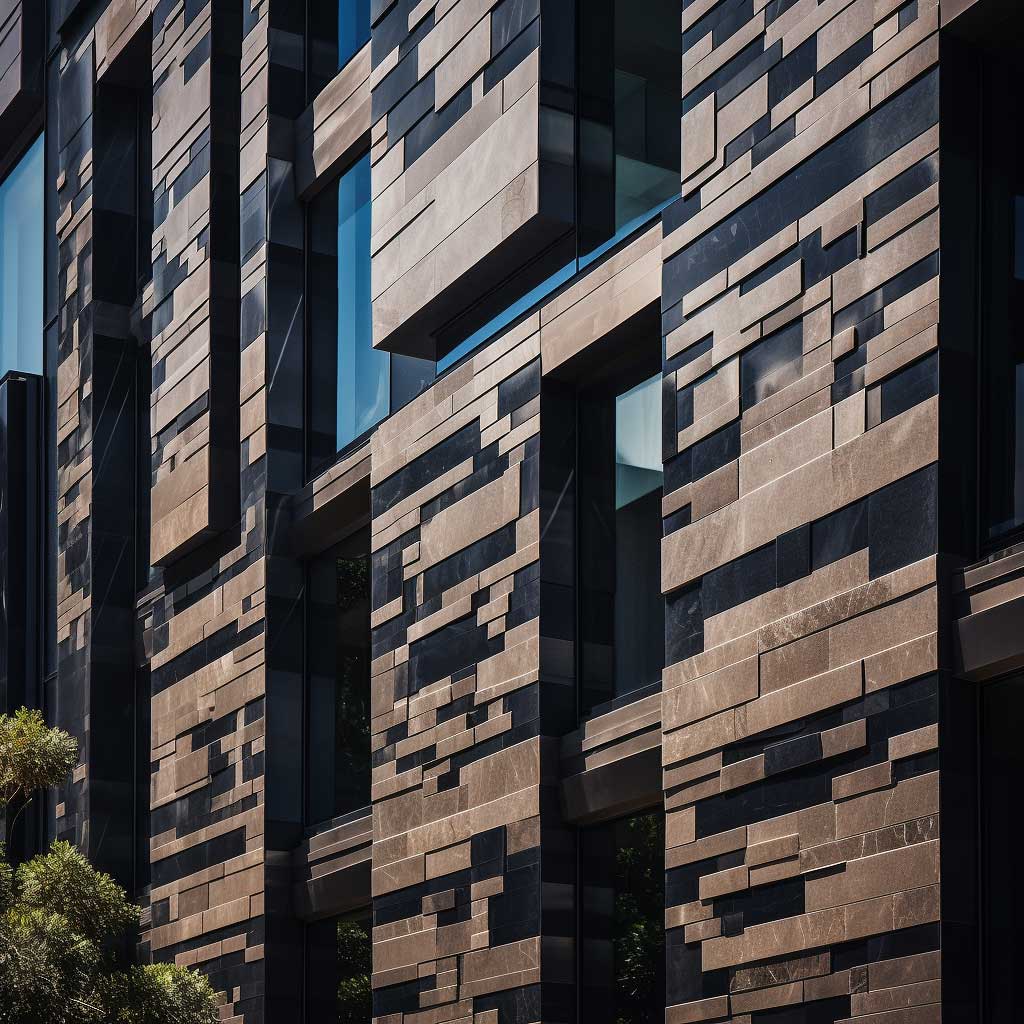 A detailed shot of a modern building's facade featuring a mix of dark and light stone cladding.