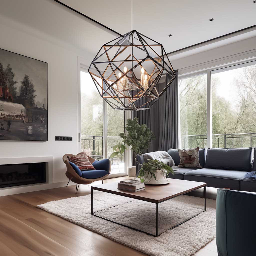 A modern geometric chandelier hanging in a spacious, well-lit living room.