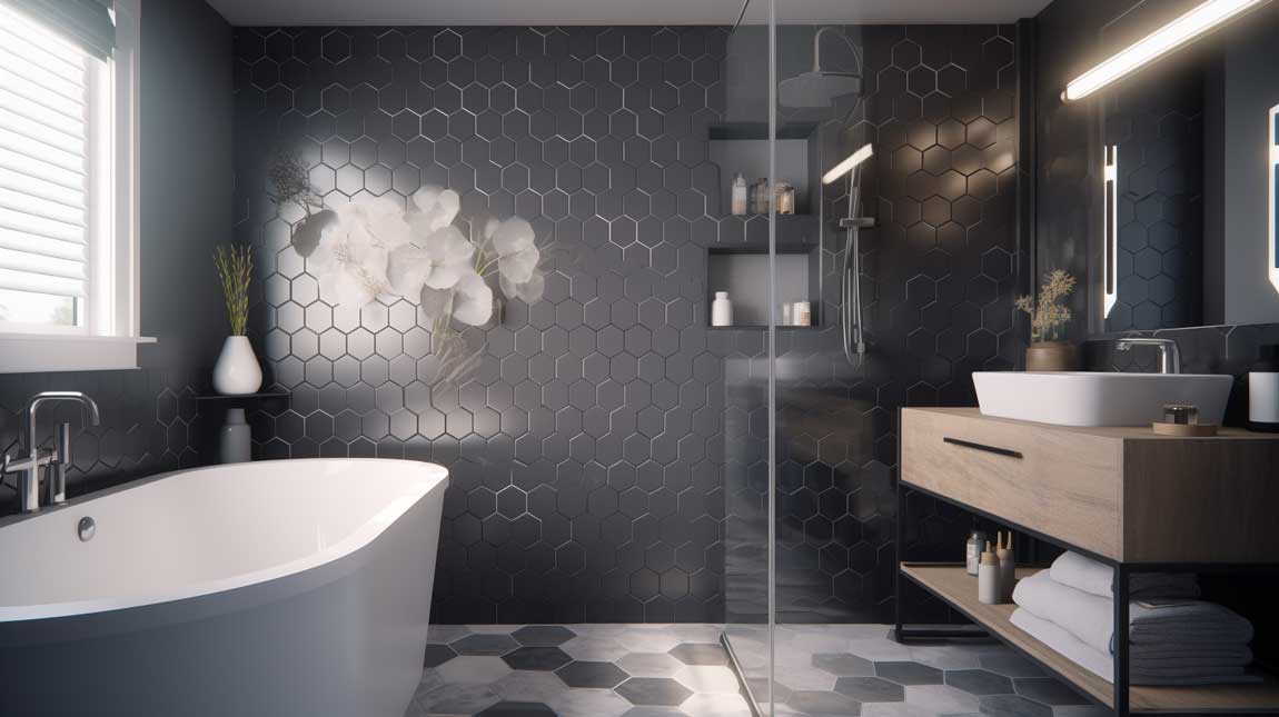 A minimalist bathroom with white hexagon tiles on the wall, contrasted by dark gray tiles on the floor, creating a harmonious balance.