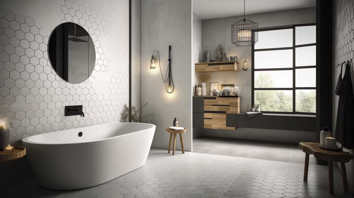 A luxurious modern bathroom featuring hexagon tiles in various shades of gray, complemented by a sleek, minimalist bathtub.