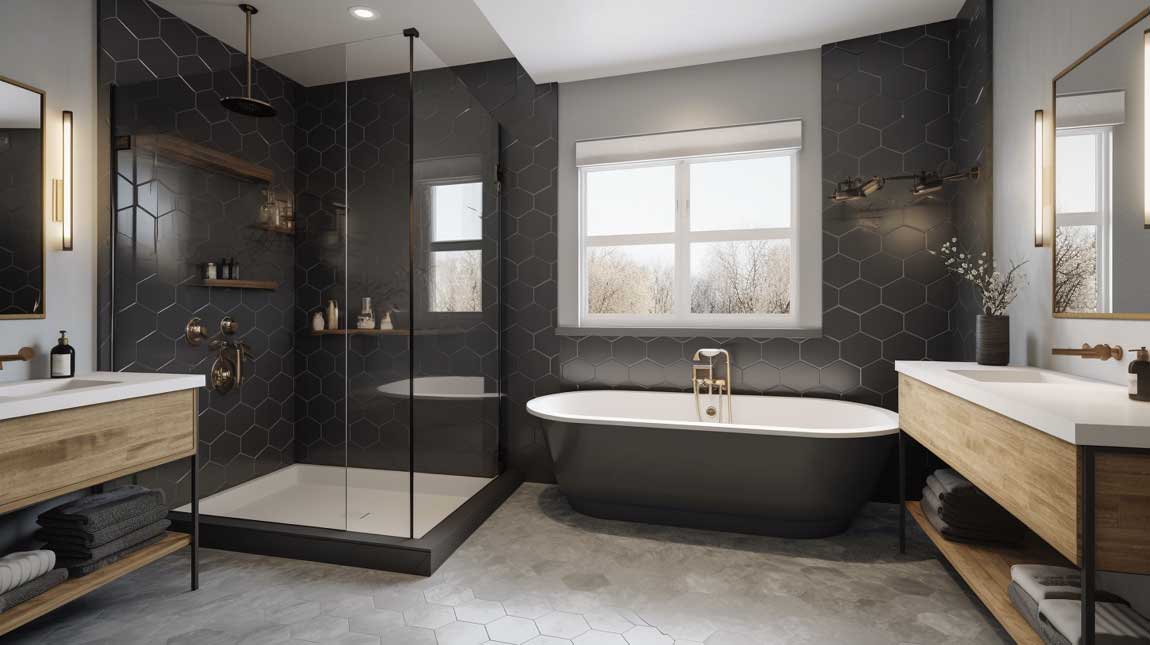 A stunning feature wall adorned with multicolored hexagon tiles, creating a vibrant and eye-catching focal point in the bathroom.