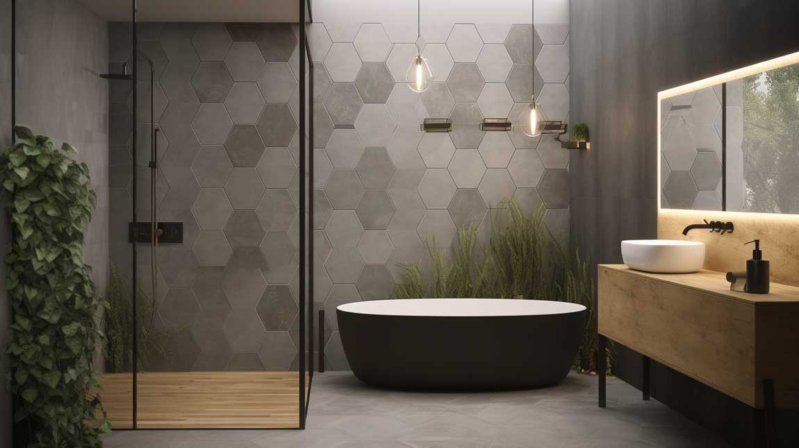 An elegant bathroom featuring a mix of glossy and matte hexagon tiles, adding depth and texture to the overall design.