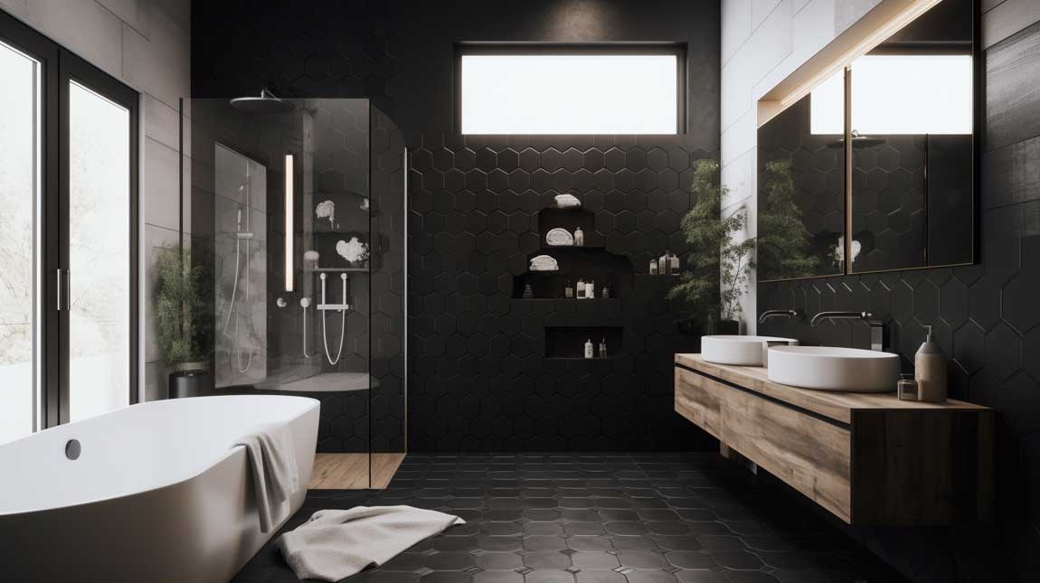 A modern bathroom with hexagon tiles arranged in a bold chevron pattern, providing a unique twist on traditional tile layouts.