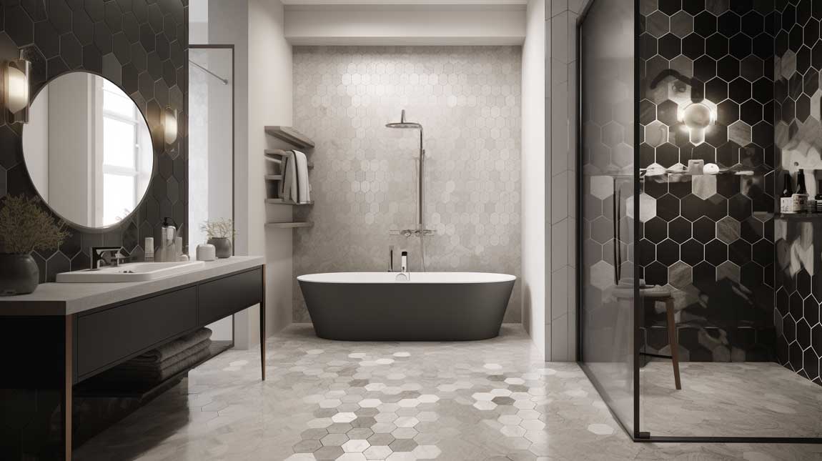 An artistic close-up of hexagon tiles in a herringbone pattern, demonstrating the versatility of this popular tile shape.