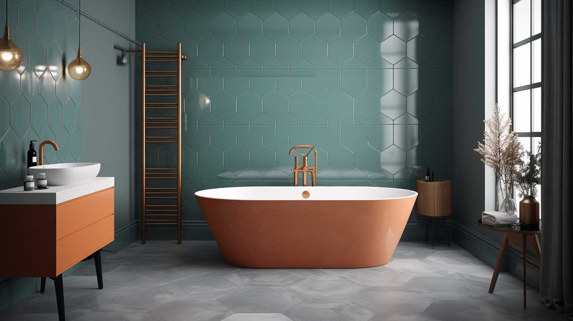A refreshing bathroom scene with various low-maintenance plants on shelves and hanging from the ceiling, complementing the hexagon tile design.