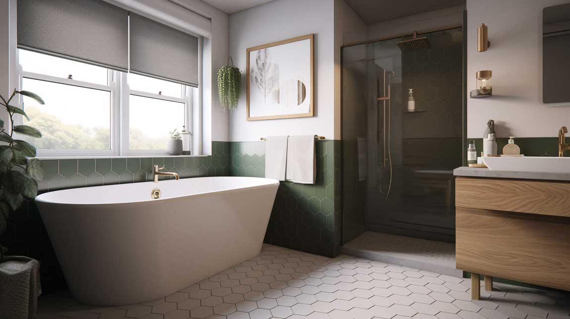 A serene bathroom featuring a monochromatic color scheme, with hexagon tiles in varying shades of green, evoking a sense of tranquility.