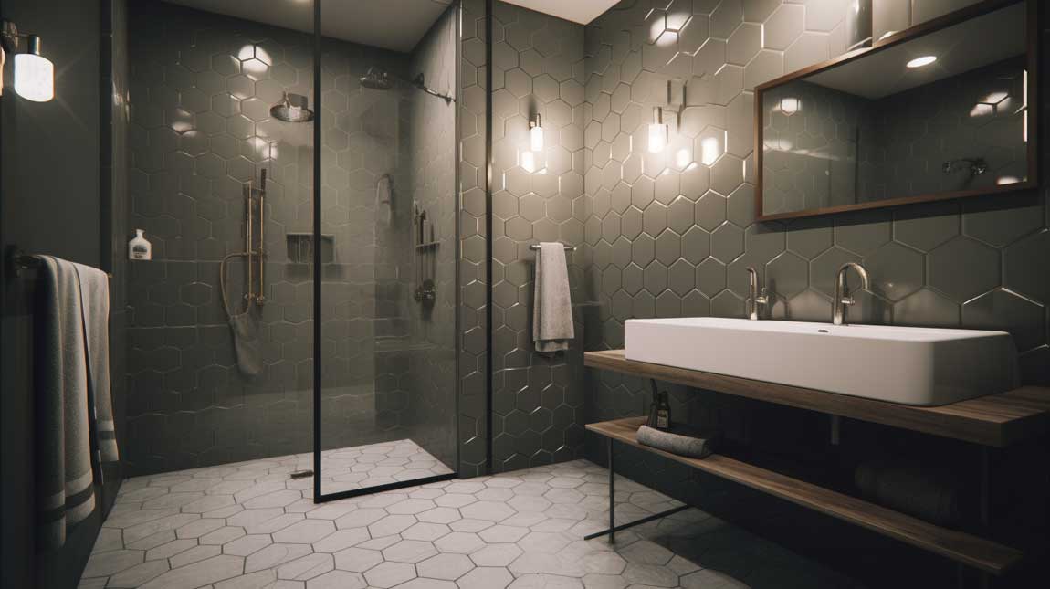 A bright and airy bathroom with light blue hexagon tiles on the floor, creating a calming and soothing atmosphere.