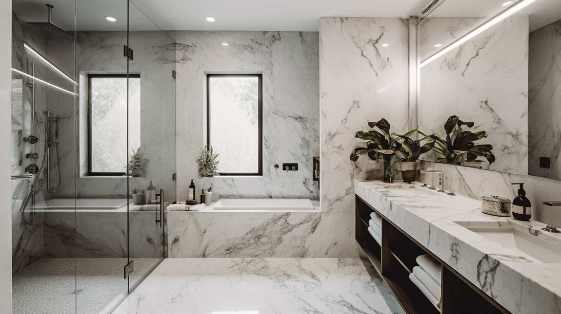 Modern marble bathroom with double vanity and oversized mirror