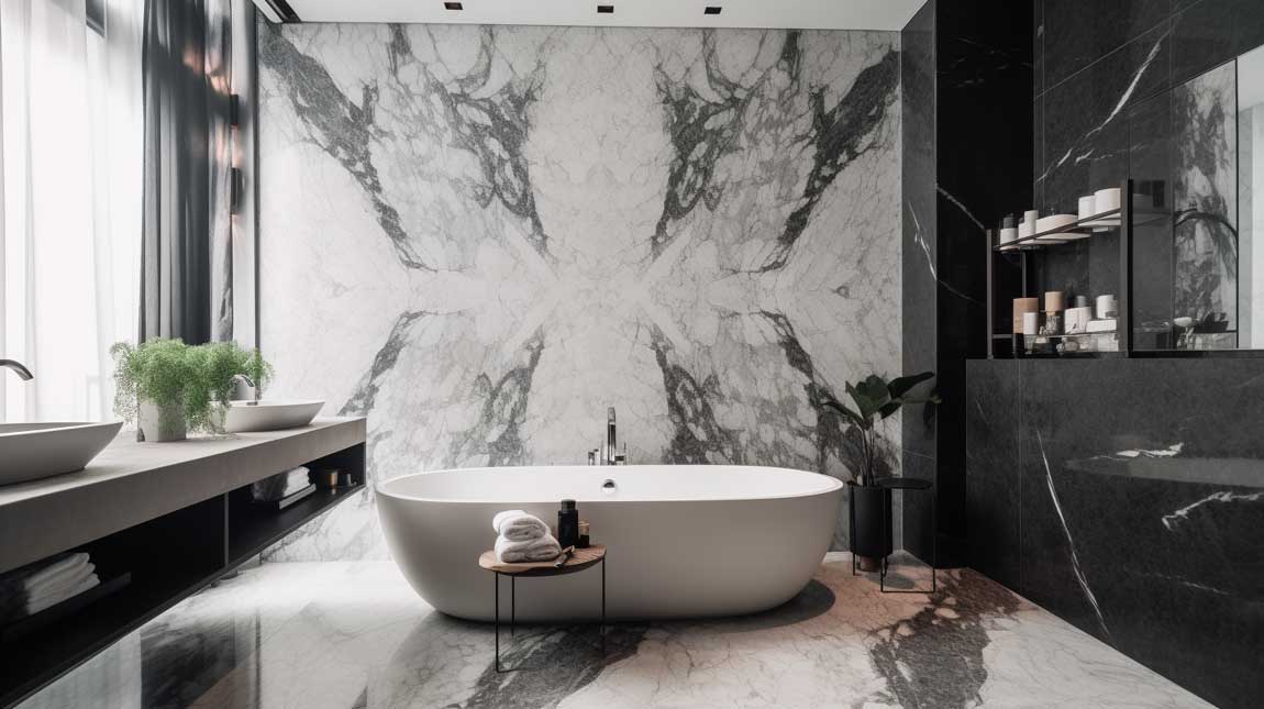 Modern marble bathroom with statement accent wall and sunken bathtub