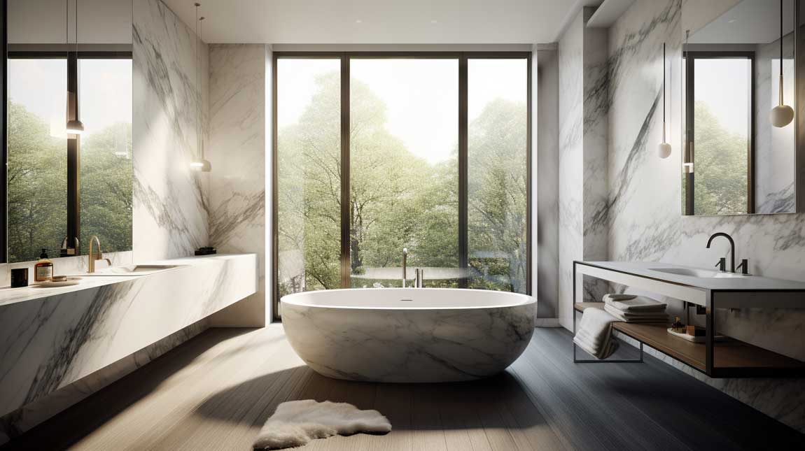 Sleek modern marble bathroom with freestanding bathtub and floor-to-ceiling windows