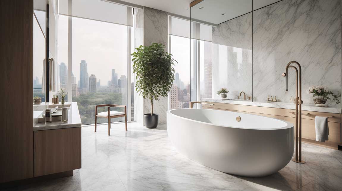 Sleek modern marble bathroom with freestanding bathtub and floor-to-ceiling windows