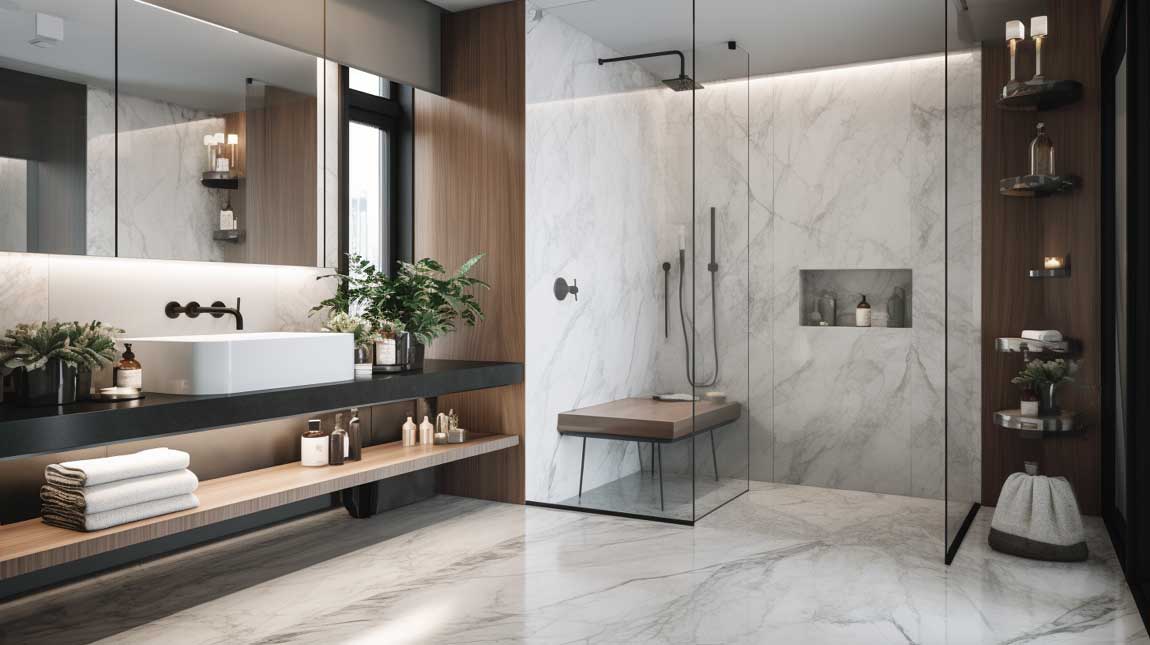 Spa-inspired modern marble bathroom with walk-in shower and floating shelves