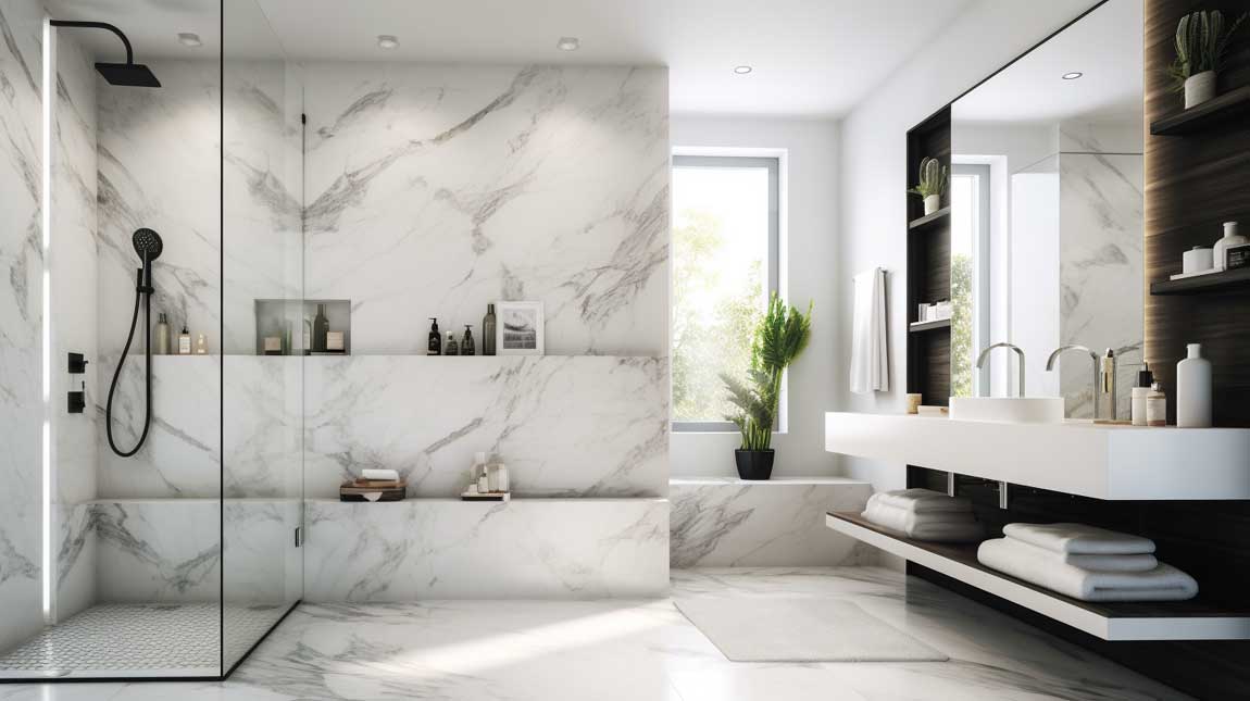 Spa-inspired modern marble bathroom with walk-in shower and floating shelves