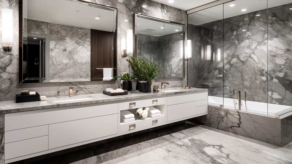 Modern marble bathroom with double vanity and oversized mirror