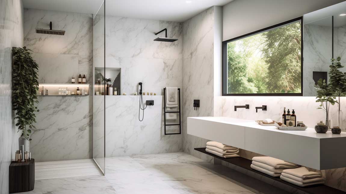 Spa-inspired modern marble bathroom with walk-in shower and floating shelves