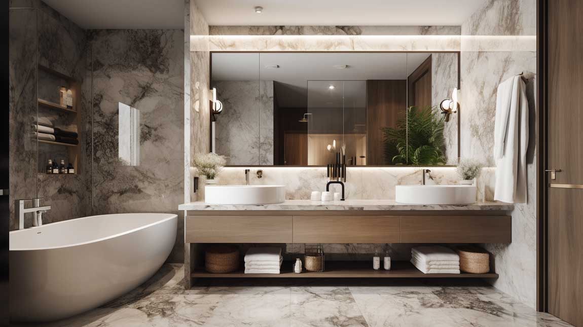Modern marble bathroom with double vanity and oversized mirror