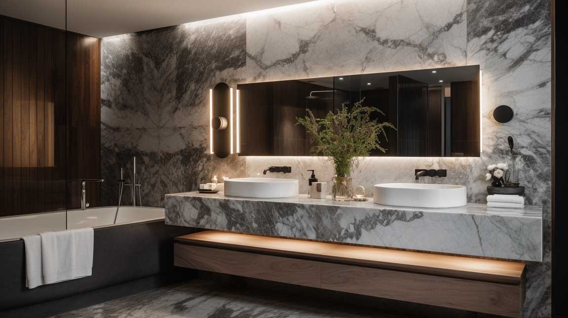 Modern marble bathroom with floating vanity and backlit mirror