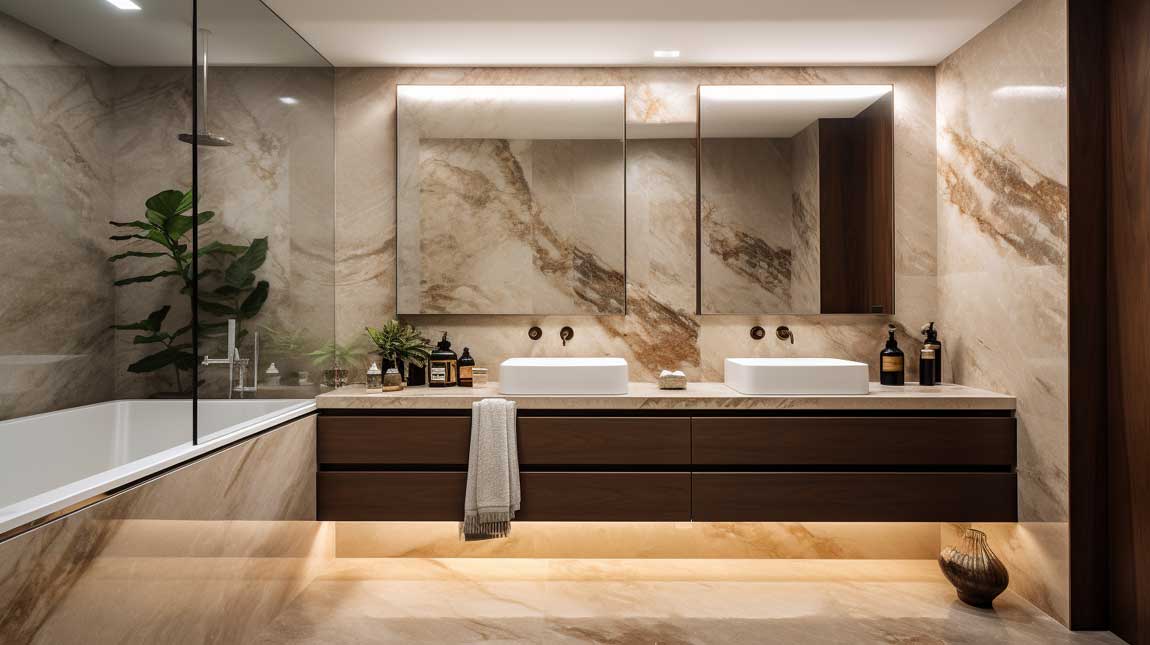 Modern marble bathroom with floating vanity and backlit mirror