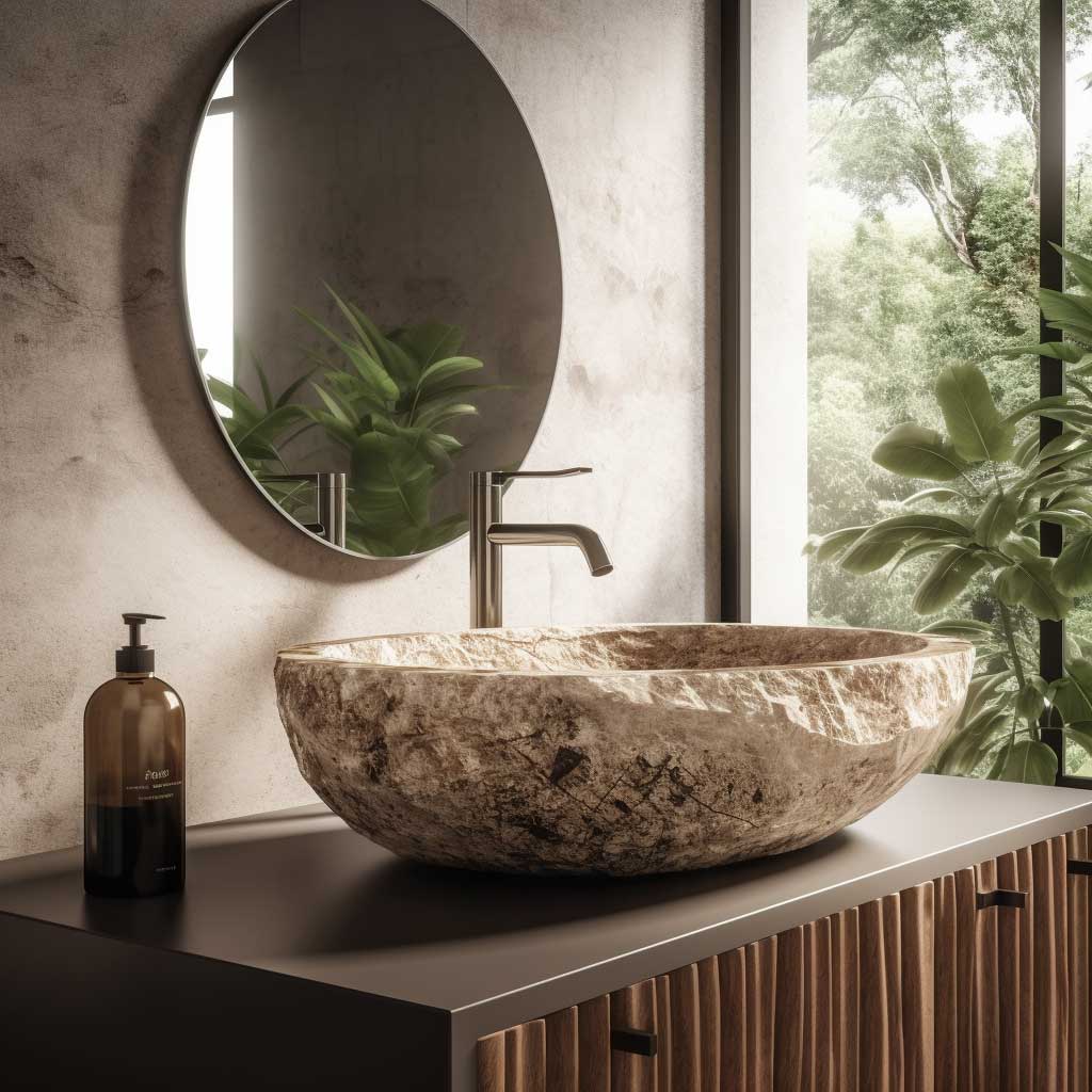 A contemporary wash basin with natural stone textures, exemplifying the fusion of natural elements and modern design aesthetics.