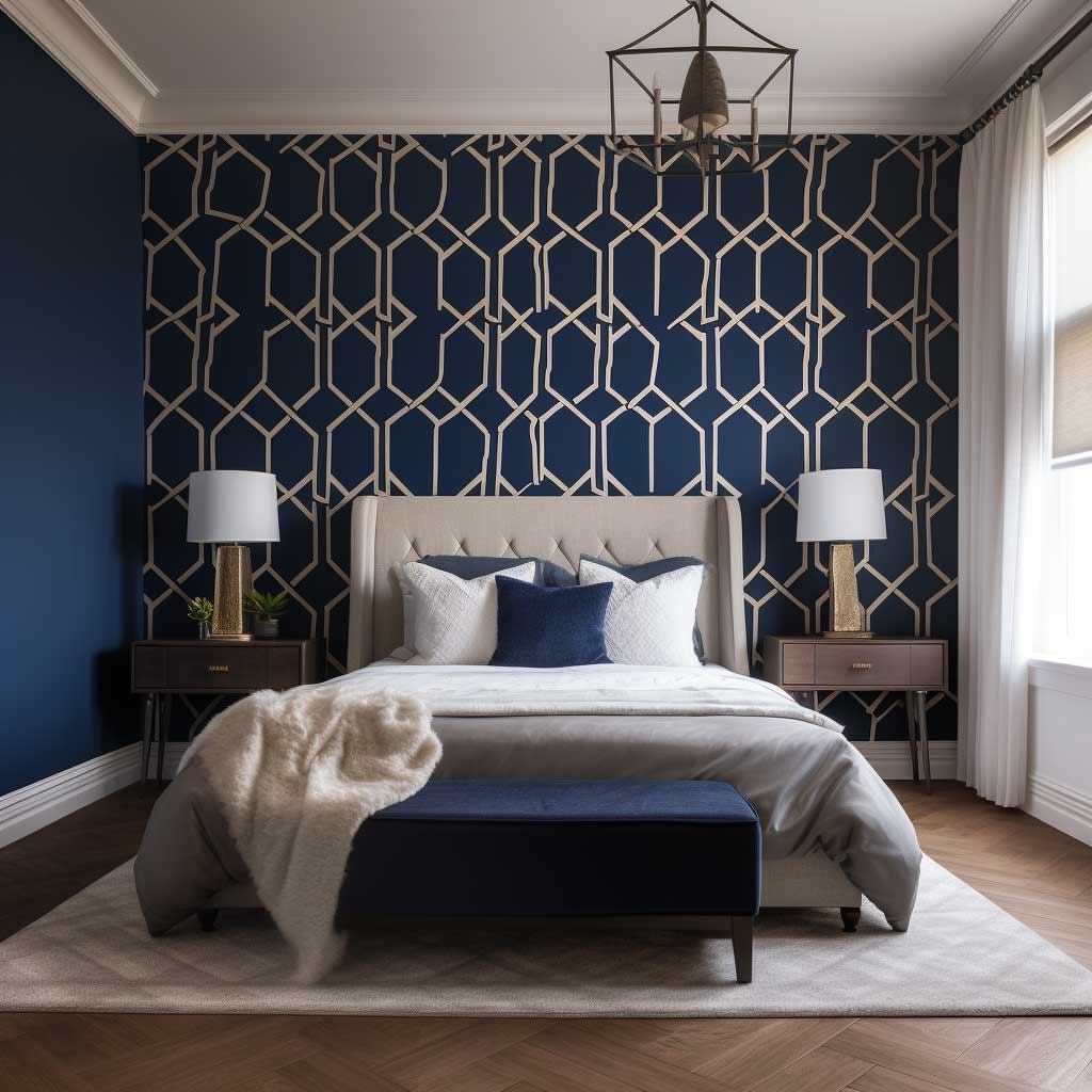 Classic bedroom design highlighted by a feature wall adorned with navy geometric wallpaper, providing a serene and elegant atmosphere.