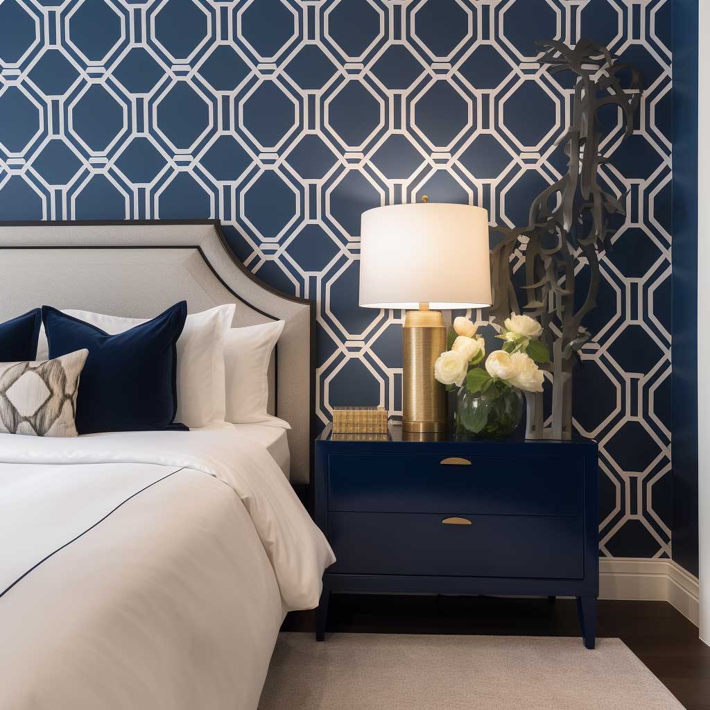 Classic bedroom design highlighted by a feature wall adorned with navy geometric wallpaper, providing a serene and elegant atmosphere.