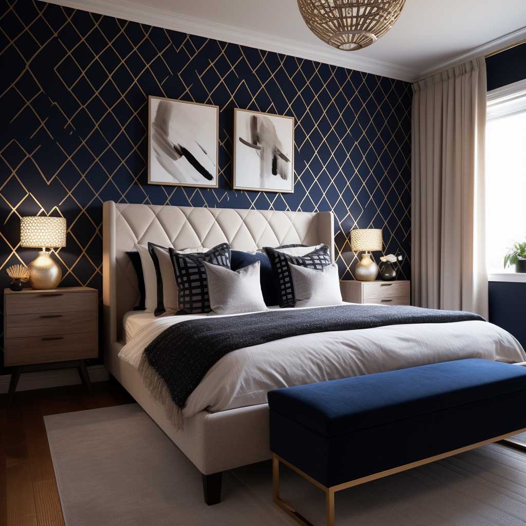 Classic bedroom design highlighted by a feature wall adorned with navy geometric wallpaper, providing a serene and elegant atmosphere.