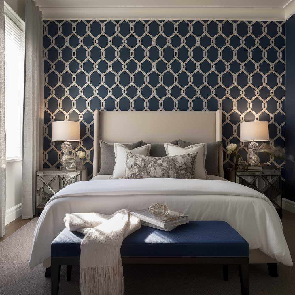 Classic bedroom design highlighted by a feature wall adorned with navy geometric wallpaper, providing a serene and elegant atmosphere.