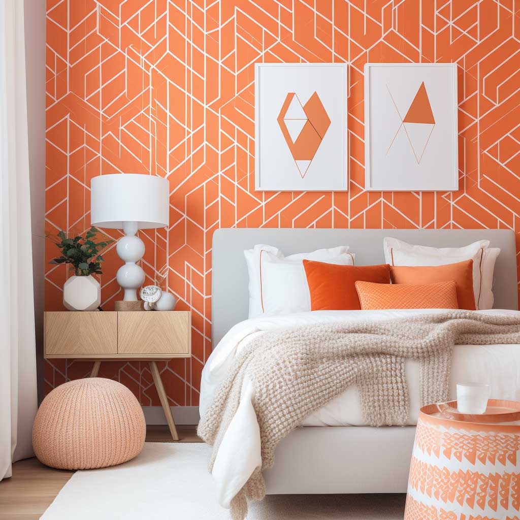 A modern bedroom featuring an orange geometric wallpaper that adds vibrancy and depth.