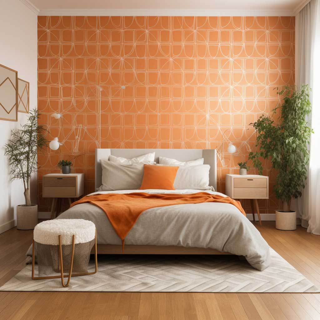 A modern bedroom featuring an orange geometric wallpaper that adds vibrancy and depth.