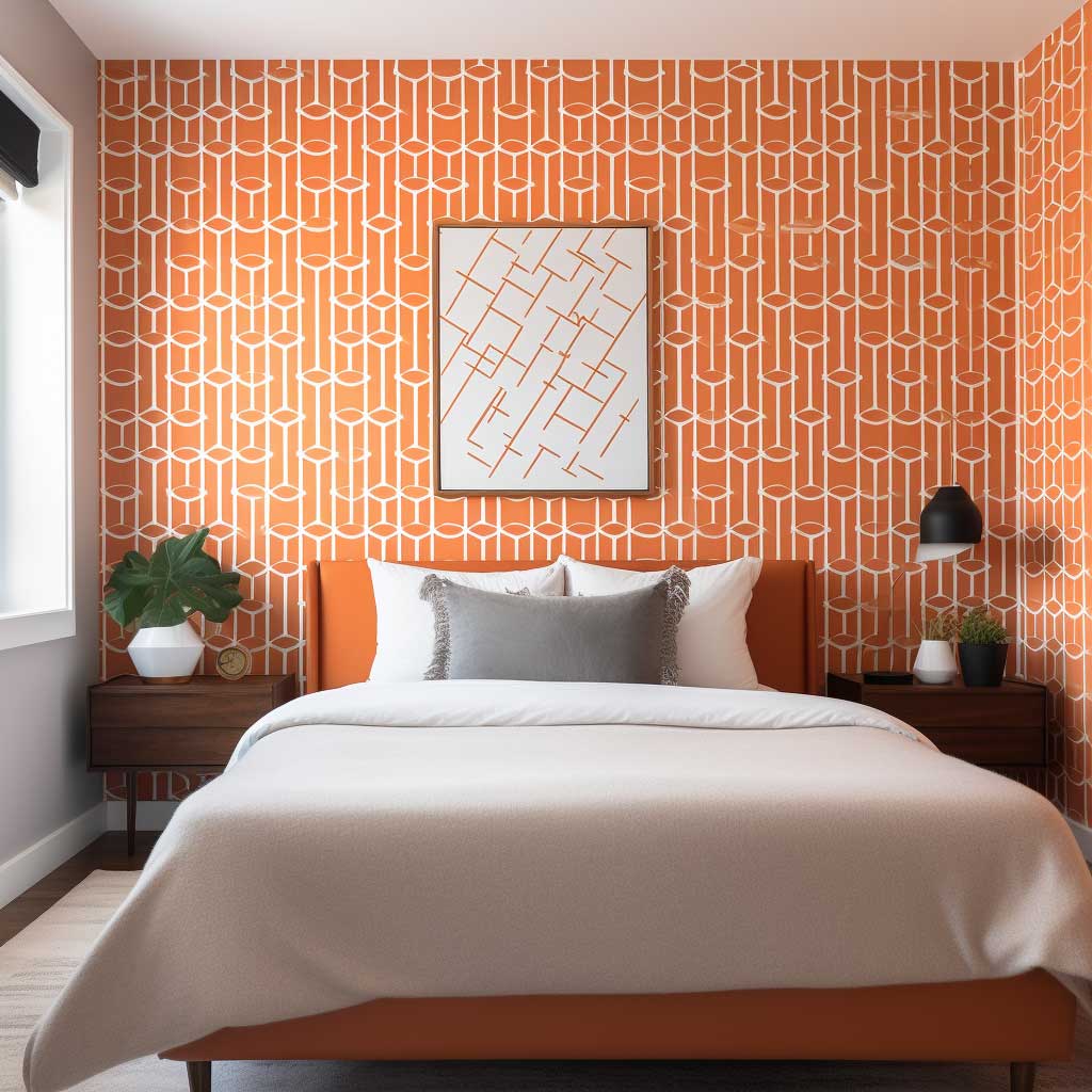 A modern bedroom featuring an orange geometric wallpaper that adds vibrancy and depth.