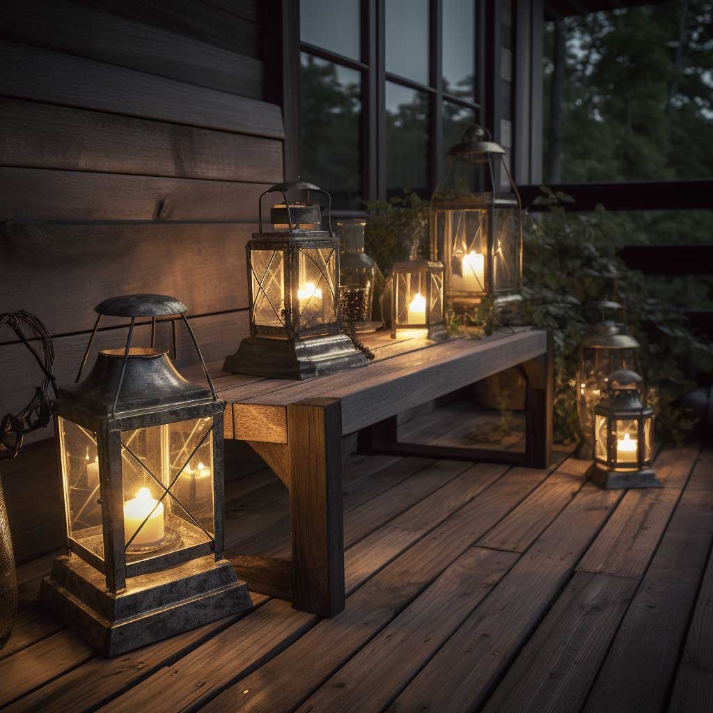 A rustic outdoor deck illuminated by warm, lantern-style lighting, creating a cozy and intimate atmosphere.
