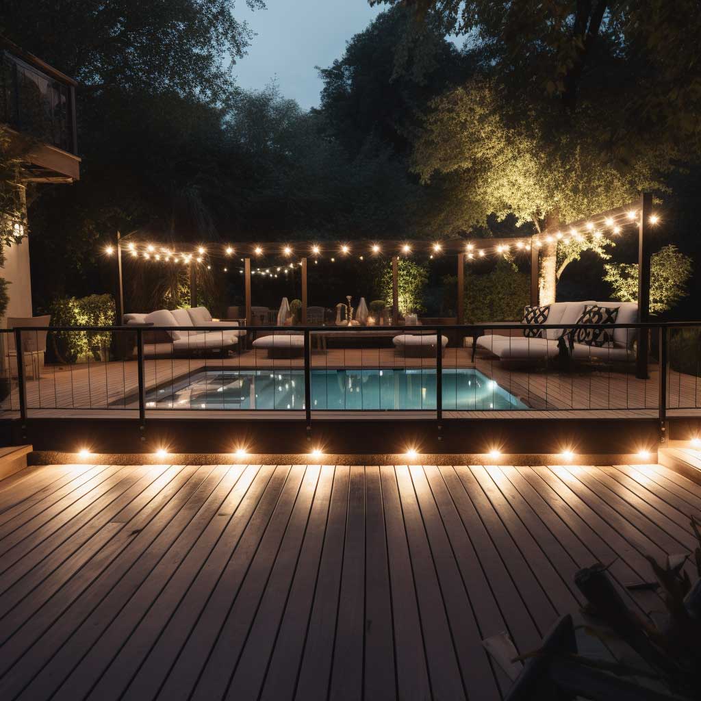 An upscale outdoor deck featuring elegant lighting design, with the deck, seating, and pool area bathed in a sophisticated glow.