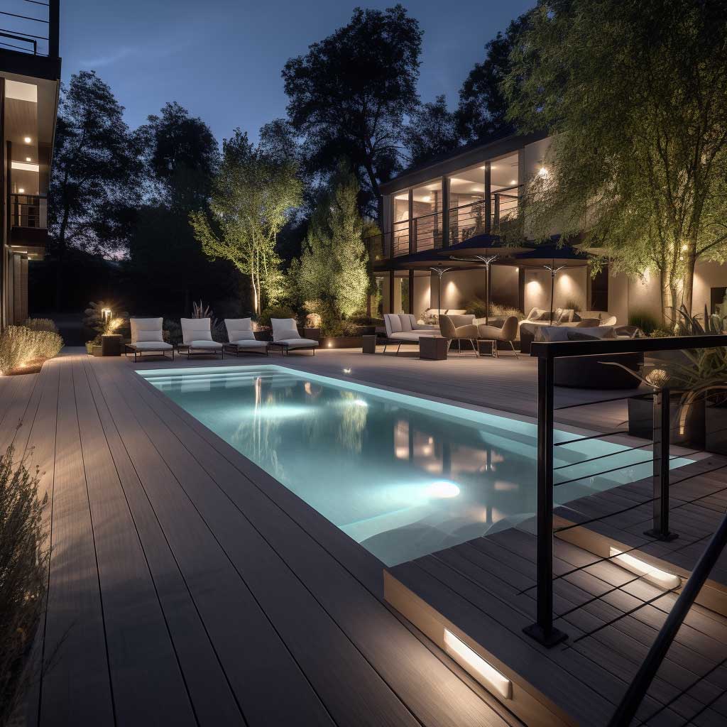 An upscale outdoor deck featuring elegant lighting design, with the deck, seating, and pool area bathed in a sophisticated glow.