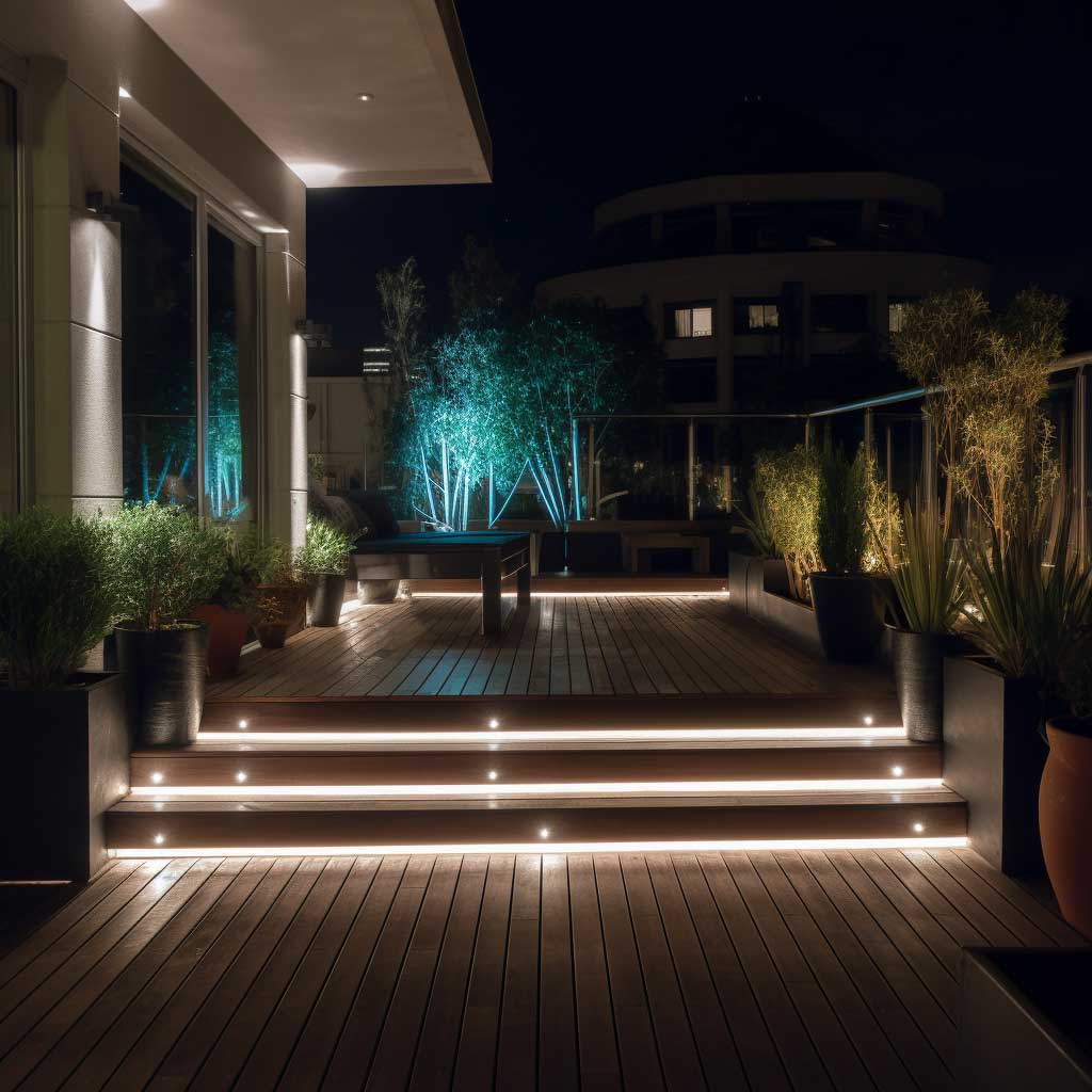 A modern outdoor deck featuring innovative lighting design, with a mix of neon and white lights adding a contemporary touch.