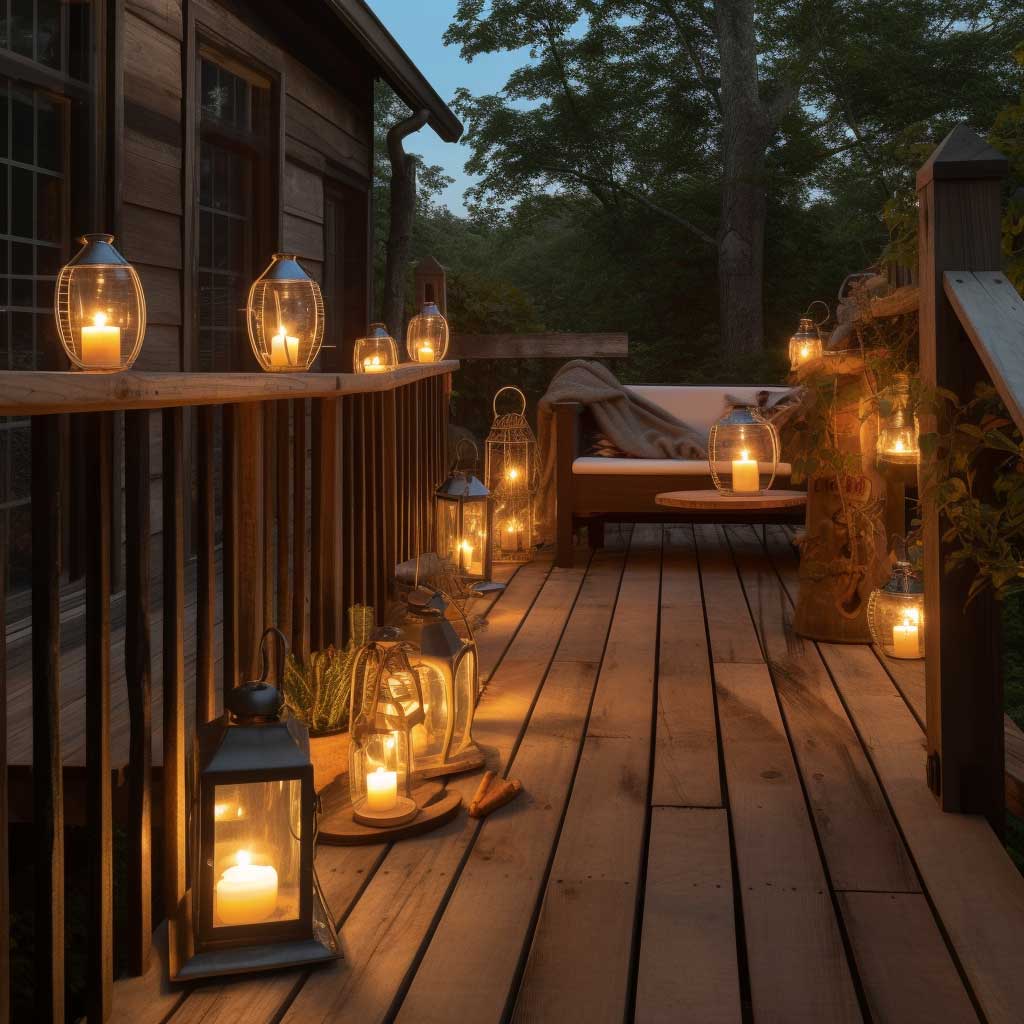 A rustic outdoor deck illuminated by warm, lantern-style lighting, creating a cozy and intimate atmosphere.