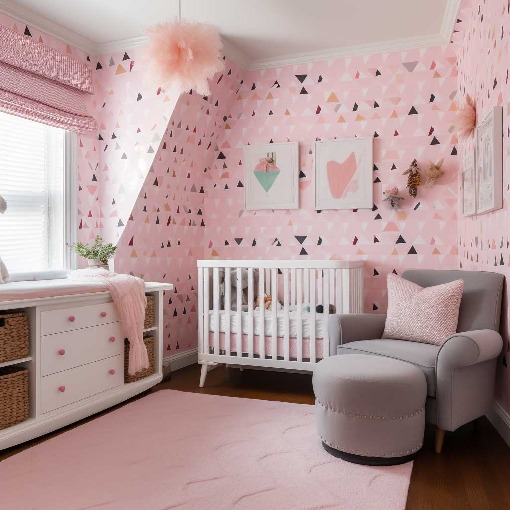 A cheerful nursery adorned with pink triangle wallpaper, creating a warm, playful atmosphere.
