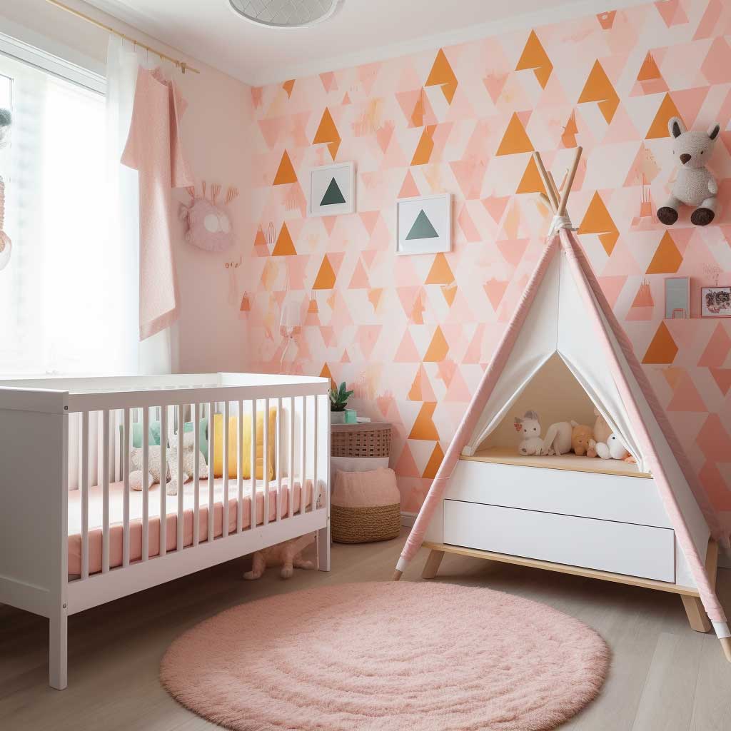 A cheerful nursery adorned with pink triangle wallpaper, creating a warm, playful atmosphere.