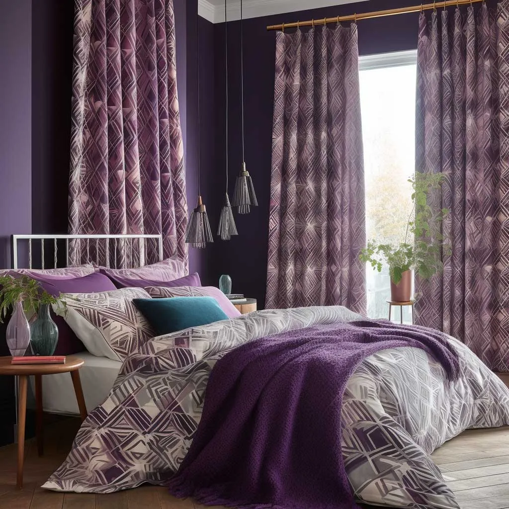 Purple Geometric Fabric Adorning a Vibrant Bedroom