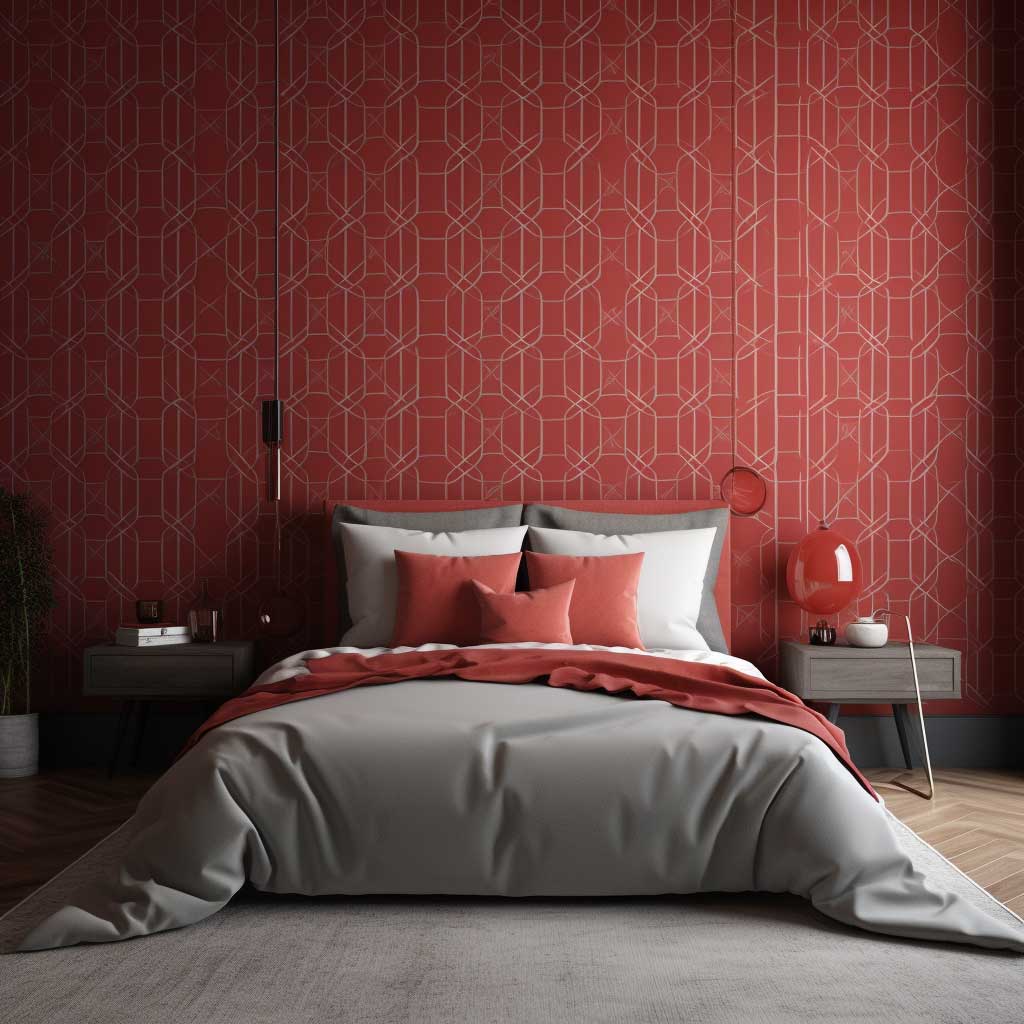 A bold red geometric wallpaper brightens up a modern bedroom interior.
